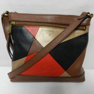 Fossil Leather Color-block zip top Crossbody Bag Purse Adjustable Front Pocket